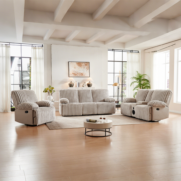Crodury Fabric Recliner Set: Cloud-Like Comfort with Built-In Bluetooth & Ambient Lighting 8451#3+2+1 Recliner Sofa Set
