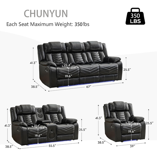 3 Seater Leather Recliner Sofa | Built-in Speaker | USB Port & Modern Design Multifunctional Recliner | 8391